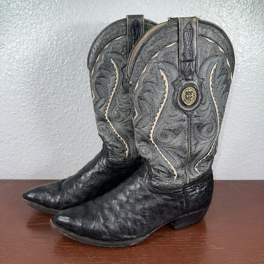 Lamasini Boots Ostrich Leg Leather Black Blue Cowboy Boots Men's Size 7